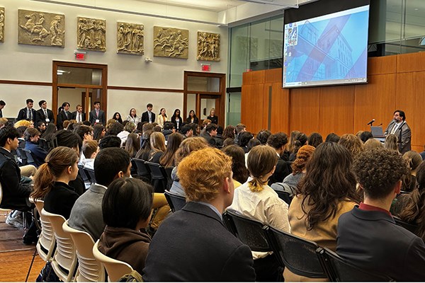 High school students listen to Jason Carter at the opening of UML Model U.N. in 2024